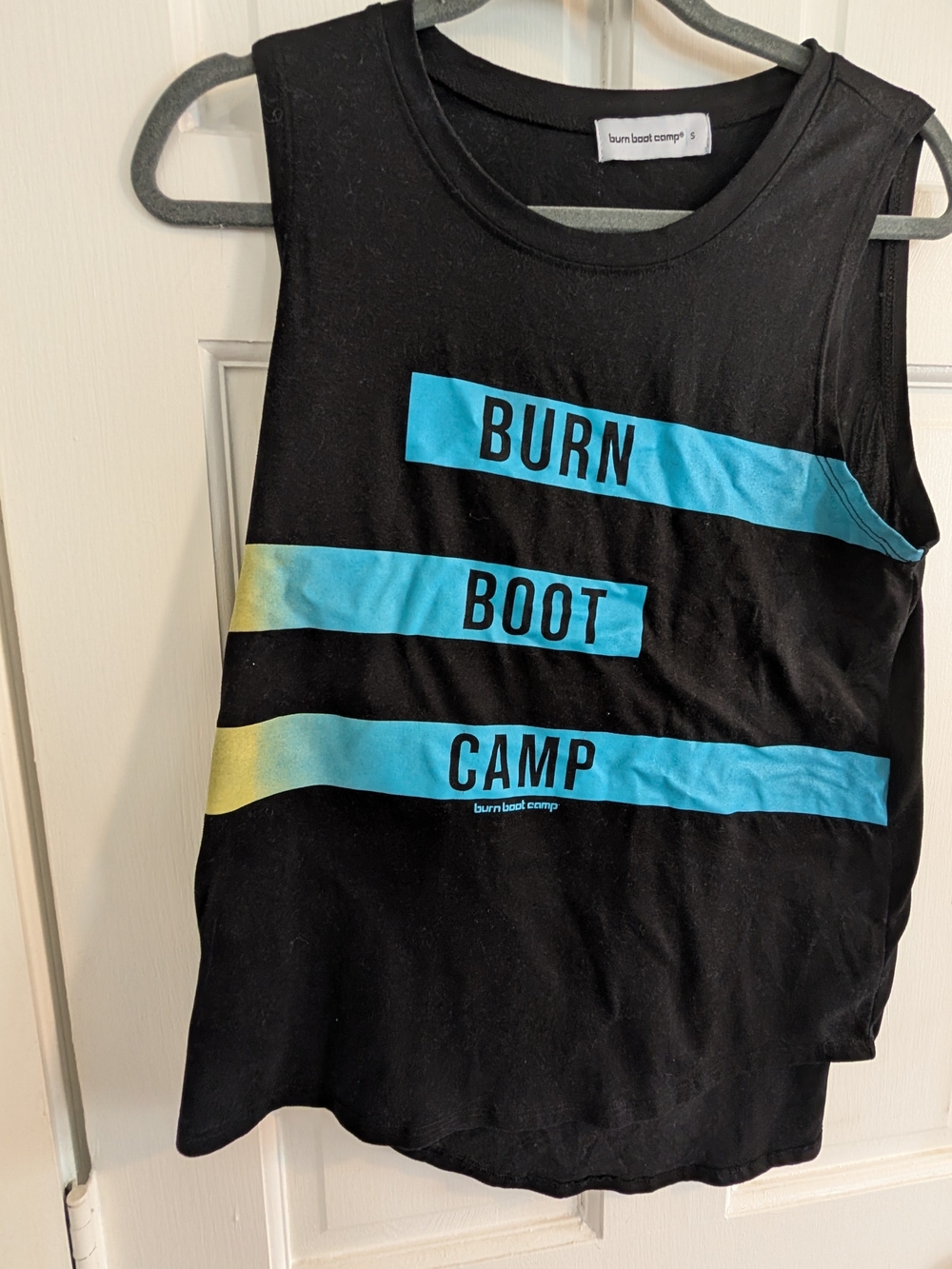 Burn Boot Camp Women's Black Muscle Tee with Blue Stripes
